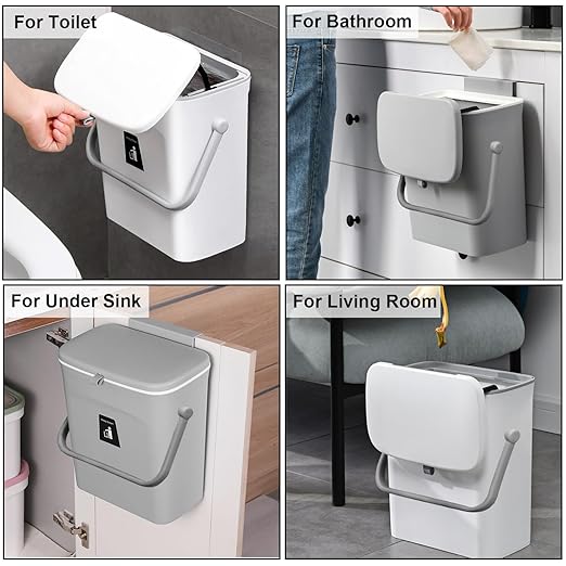 LALASTAR Small Trash Can with Lid, Kitchen Compost Bin for Countertop or Under Sink, Plastic Hanging Waste Basket for RV/Office/Bedroom/Dorm, Mountable, 9L/2.4 Gal, White