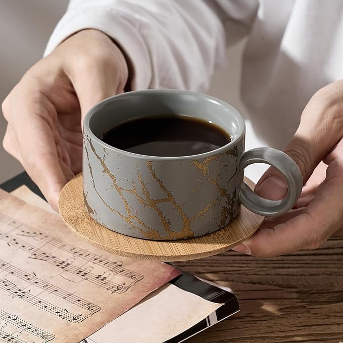 LUKA 6 Ounce Porcelain Stackable Espresso Cups with Saucers and Metal Stand Set of 4, Ceramic Cappuccino Cups Set for Specialty Coffee Drinks, Latte, Cafe Mocha and Tea, Gray