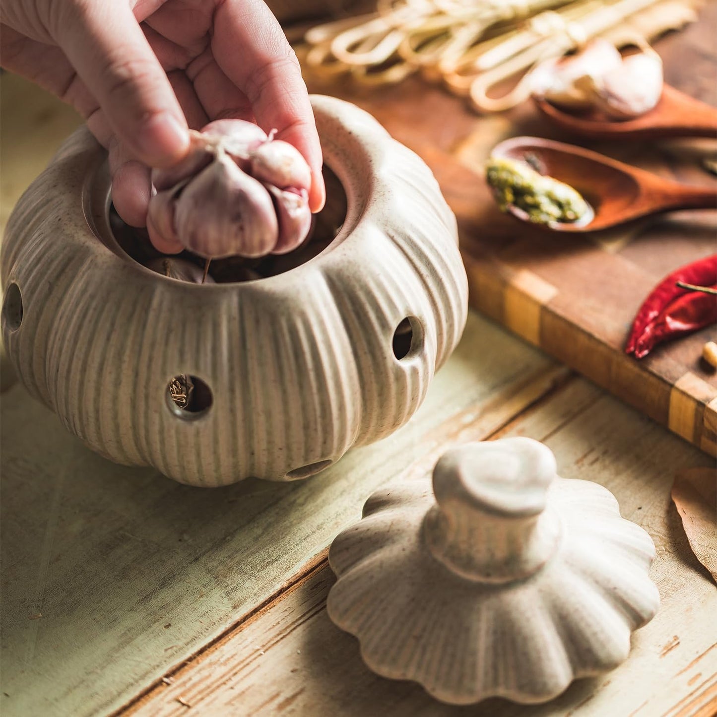Garlic Storage Pod Ceramic Garlic Keeper with Lid Large Garlic Container for Counter, White