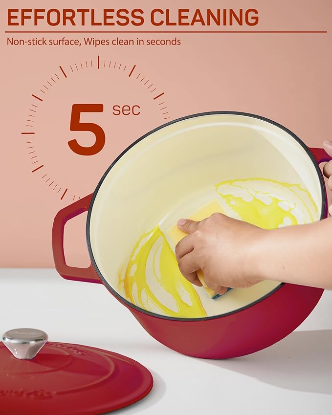 Enameled Cast Iron Dutch Oven – 4.4 Quart Pot with Lid & Potholders – Heavy-Duty Cookware for Bread Baking, Braising, Stews & Roasting – Oven & Stovetop Safe up to 500°F – Red