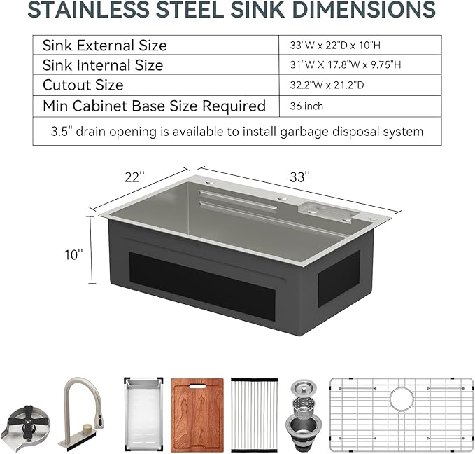 Lordear 33 Waterfall Kitchen Sink 33x22 Drop In Kitchen Sink Stainless Steel 16 Gauge Single Bowl Multifunctional Workstation Sinks with Built-in Accessories,Glass Rinser and Faucet Included