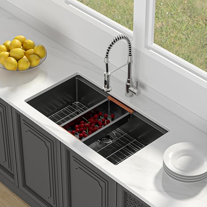 Lordear 33 Black Kitchen Sink Undermount Honeycomb Nano Finish 16 Gauge T304 Stainless Steel Single Bowl Workstation Sink with Cutting Boards Handmade