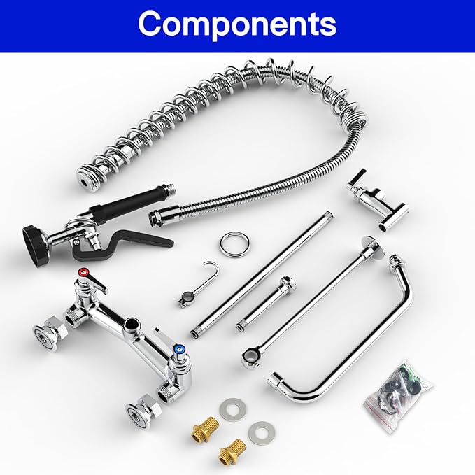 36" Height Commercial Faucet with Pre-Rinse Sprayer and 10" Add-on Swing Spout – 8" Adjustable Center Wall Mount Kitchen Sink Faucet, Brass Body for 1/2/3 Compartment Restaurant Utility Sink