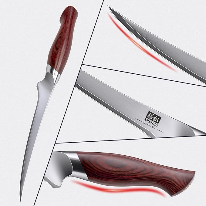 SHAN ZU Fillet Knife 7 inch, Razor Sharp Boning Knife for Meat in 10Cr15Mov Japanese High Carbon Steel Fish knife, Professional Kitchen with Flexible Blade and Ergonomic Pakkawood Handle