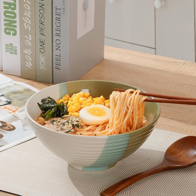 NUTRIUPS Set of 2 Ceramic Ramen Bowls with Spoons & Chopsticks, 40oz Large Soup Bowls for Udon, Miso, Noodles (Tri-Color Modern)