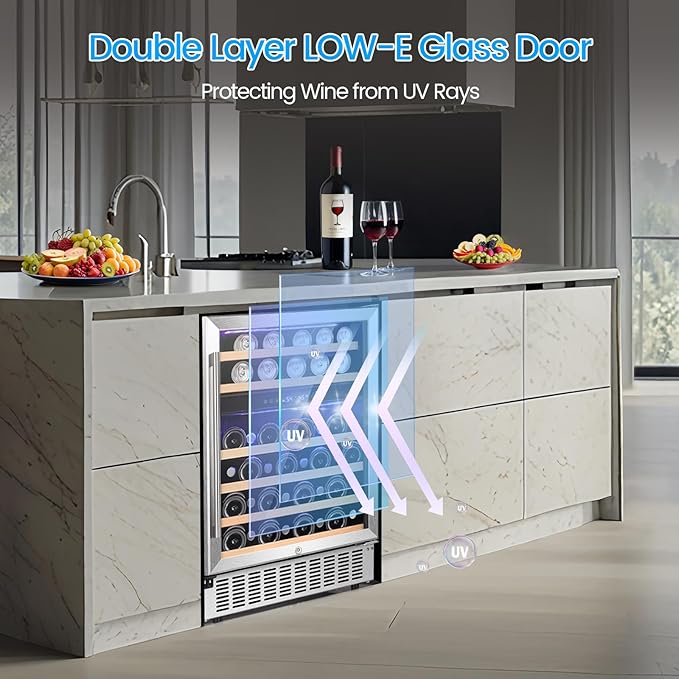 46 Bottle, 23.4 Inches Refrigerator Wine Fridge for Red White, Champagne, Beer, Temperature (41°F-68°F), Freestanding Built-in, Glass Door, 5.3 Cuft-Dual Zone, Silver