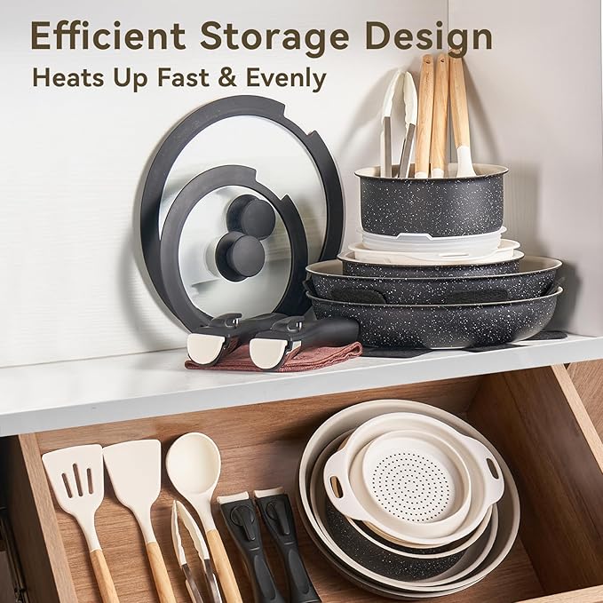 22Pcs Nonstick Ceramic Cookware Set with Detachable Handles, Oven & Induction Safe Pots and Pans, Non-Toxic Kitchen Essentials for Family Cooking, Black