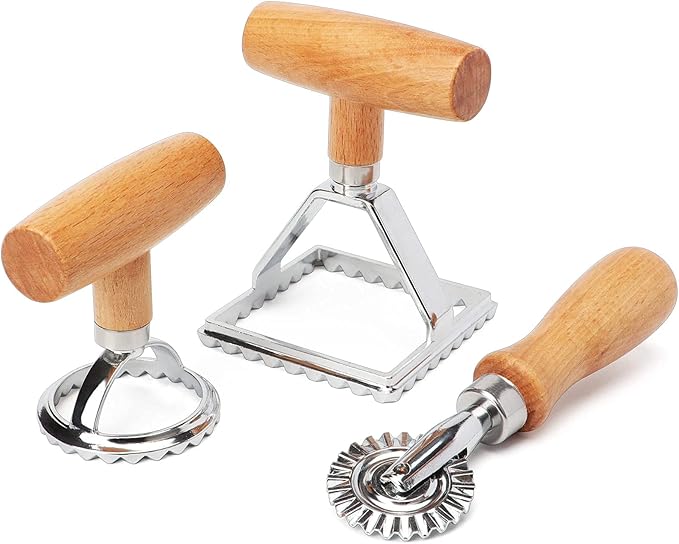 HULISEN Ravioli Cutter with Pasta Wheel Cutter, Ravioli Stamp Maker with Wooden Handle, Press Mold Kitchen Accessories, Gift Package(Set of 3)