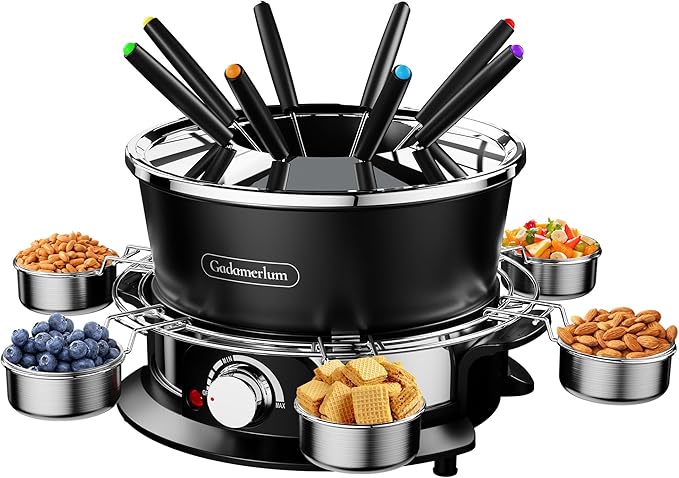 Electric Fondue Pot Set for Chocolate, 1300W Cheese Fondue Set with Multiple Fondue Pots with Adjustable Temperature, 8 Color-Code Fondue Forks, Serve 8 Persons (With 6 plate)