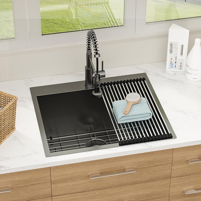 25 Inch Deep Drop In Laundry Sink - Ghomeg 25x22x13 Inch Black Laundry Utility Sink Drop In Topmount Single Bowl 16 Gauge Stainless Steel Above Counter Kitchen Laundry Room Sinks