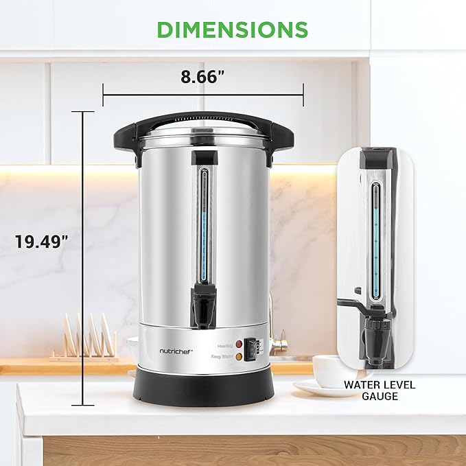 NutriChef Water Boiler and Hot Water Dispenser, 8L Electric Beverage Dispenser with Safety Lock Lid, Non-Drip Tap, Warm Function, Food Grade Stainless Steel, Home & Commercial Use, 19"x9"x9", Silver