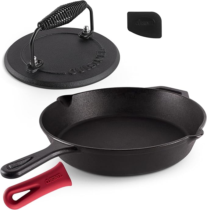 Cast Iron Skillet + Grill Press + Scraper Set - 12"-inch Pre-Seasoned Frying Pan + Silicone Handle Grip - 7" Round Burger Smasher - Indoor/Outdoor, Stove, Oven, Grill, Induction Kitchen Cookware