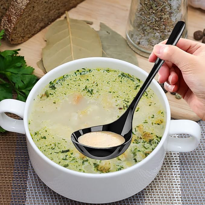 6 PCS Stainless Steel Serving Utensils, Large Serving Spoons Slotted Spoons, Forks, Ice Suger Tongs, Cake Server, Soup Ladle, Metal Utensils Set Great for Buffet Catering Banquet Party, Black