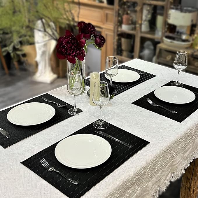 ANDSTAR Set of 12 Pcs Bamboo Placemats - Natural & Brown & Black, Anti-Slip, Heat-Resistant, Washable Table Mats for Dining and Kitchen