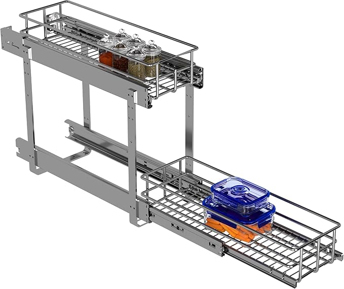 2-Tier Cabinet Pull Out Shelves (7.5" W x 22" D), Slide Out Shelves for Kitchen Cabinets, Metal Pots and Pans Organizer for Under Cabinet