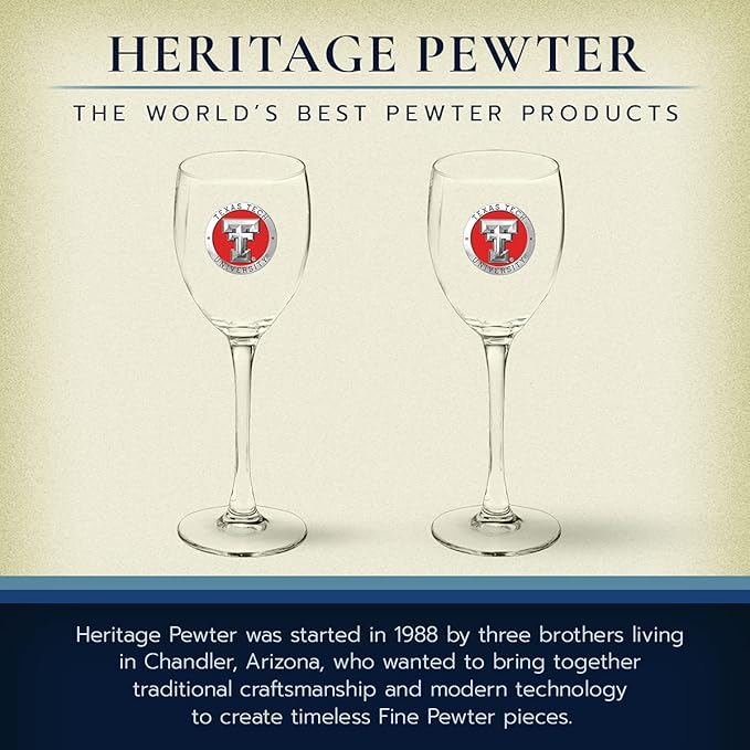 Heritage Pewter Texas Tech Red Raiders Glass Goblets β Set of 2 | 12 OZ Goblet Wine Glasses | Expertly Crafted Pewter Glass