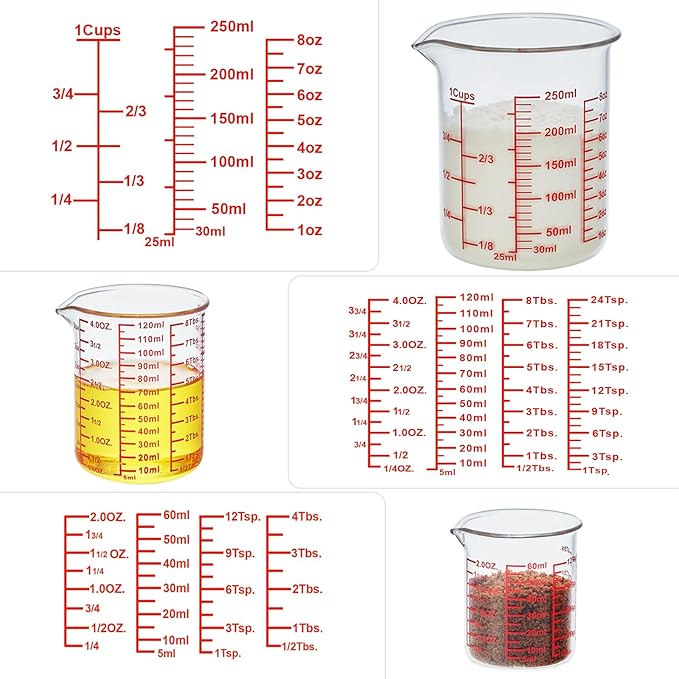Ackers High Borosilicate Glass Measuring Cup Set with Pour Spout,60ml(2OZ),120ml(4OZ), 250ml(8OZ) Glass Measuring Beaker for Kitchen or Restaurant, Easy to Read