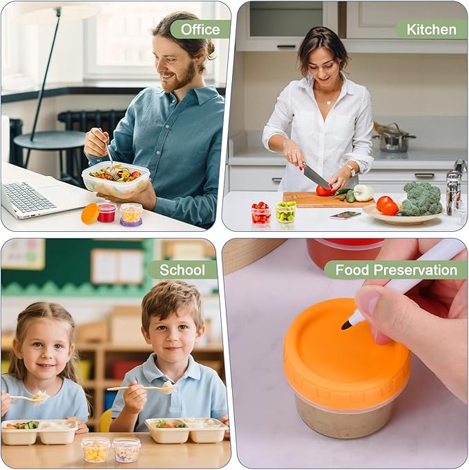 2 oz Small Plastic Containers with Lids, 12 Pack Salad Dressing Container, Reusable Condiment Containers Sauce Cups, with Pen and Brush, Freezer, Microwave & Dishwasher Safe