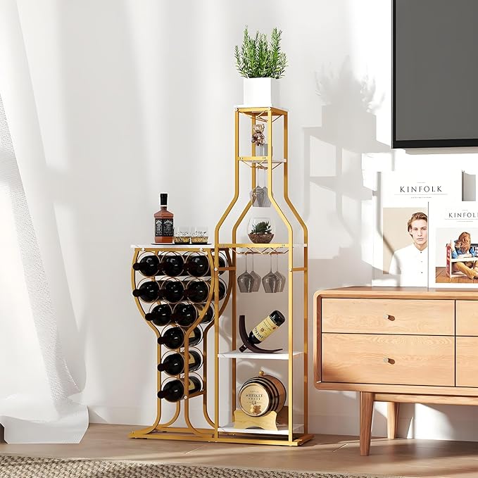 5-Tier Wine Rack Freestanding Floor, 11 Bottles Modern Wooden Wine Holder-Storage Cabinet for Home Bar, Kitchen, Dining Room Space Saving Bar Stand with Easy Assembly.(Gold/White)