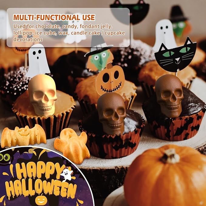 Halloween Skull Cake Pan & Pumpkin Silicone Molds Set ā 6 Cavity 3D Skull Baking Pan + 6 Halloween Shape Silicone Molds (Pumpkin, Ghost, Bat) for Cakes, Chocolate, Candy, DIY Party Baking