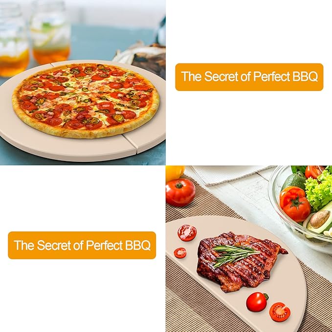 Heat Deflector Baking Stone Pizza Compatible with Kamado Joe Big Joe I, II, III, 19.8In 2-Pack Half-Moon Ceramic Cooking Stone for Big Green Egg XL Large Egg Vision Grills XL