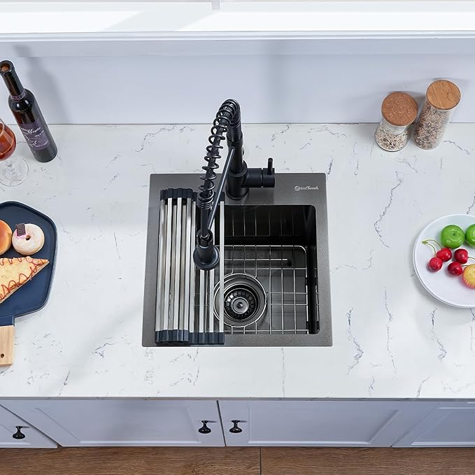 Drop In Kitchen Sink, 15 x 15 Inch Single Bowl Topmount Bar Prep Sink 16 Gauge T-304 Stainless Steel Gunmetal Black Kitchen Sinks