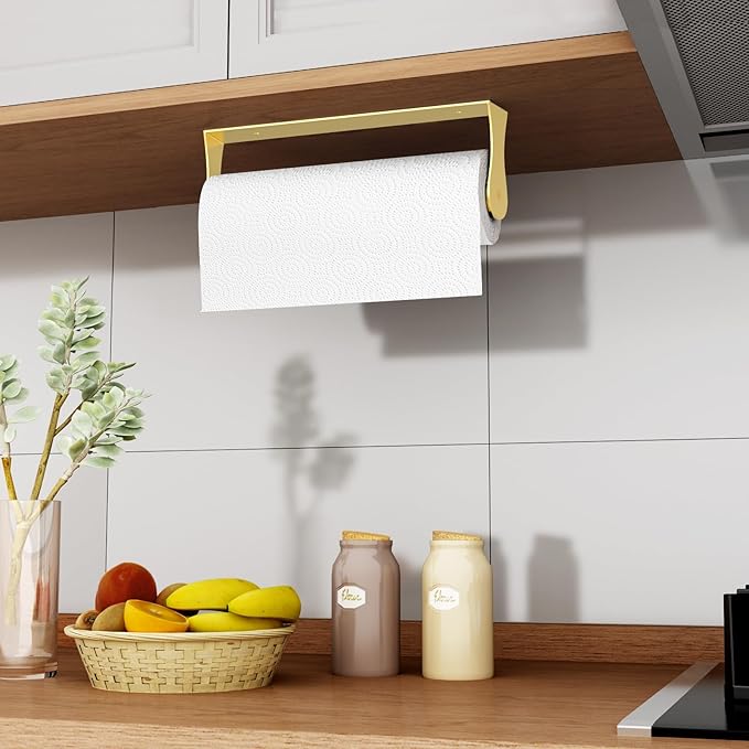 Gold Paper Towel Holder Under Cabinet, Gold Kitchen Accessories Decor, Stainless Steel, Wall Mount Paper Towel Holder for Bathroom, Adhesive or Screws