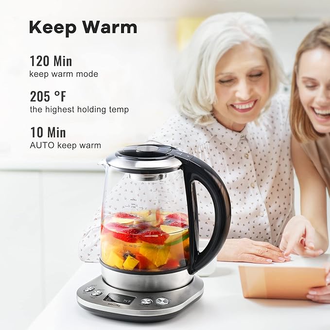 Mecity Electric Tea Kettle Borosilicate Glass Tea Maker With Temperature Control and Infuser - LCD Display and Preset Brewing Programs - 1.7 Liter Water Boiler