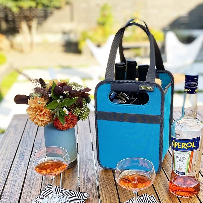 meori Foldable 4 Bottle Wine Tote Azure Blue Organize Crate Glass Dividers Stylish Travel Storage Box Liquor Spirits Tastings Grocery Shopping Hostess Gift, A100815