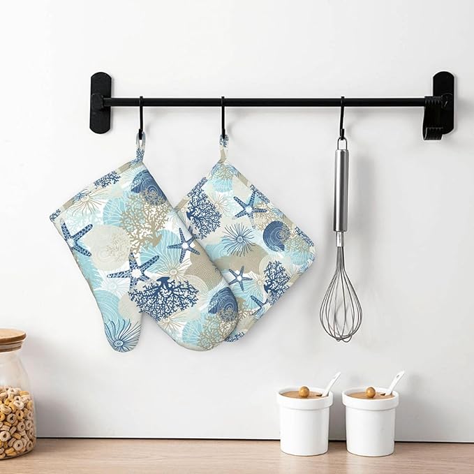 Nautical Coastal Oven Mitts and Pot Holders Set of 4 Silicone Starfish Seashell Coral Algae Beach Themed Blue Kitchen Mitten Gloves Potholders Set Oven Gloves Hot Holders for BBQ