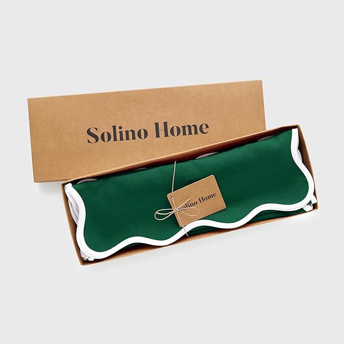 Solino Home Scallop Cloth Placemats Set of 4-100% Pure Linen White and Christmas Green Placemats 14 x 19 Inch - Giselle Scallop Edge, Handcrafted and Machine Washable