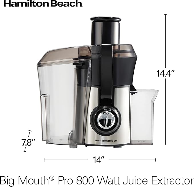Hamilton Beach Juicer Machine, Big Mouth 3” Feed Chute for Whole Fruits and Vegetables, Easy to Clean, Centrifugal Extractor, Vegetable & Fruit Juicer, BPA Free, 800W Motor, Stainless Steel
