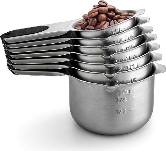 Spring Chef Magnetic Stainless Steel Measuring Cups, Patented, Kitchen Tools with Easy to Read Markings for Measuring Dry or Liquid Ingredients, Set of 7, Black