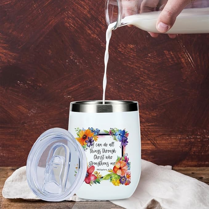 Inspirational Pray Christian Gifts for Women Wine Tumbler Insulated Wine Glasses 12 oz Tumbler with Lid Bible Verse Religious Gifts for Female Girls Mom Grandma Coworker Birthday Christmas Anniversary