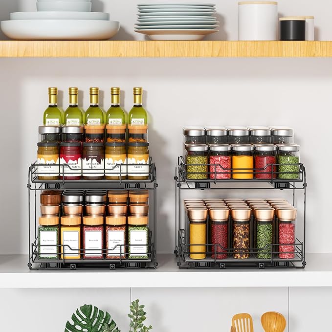 RCHYFEED Spice Organization for Cabinet,2 Tier Pull out Spice Rack Organizer for Inside Cabinets & Pantry, Slide out Heavy Duty Spice Shelf Rack for Kitchen Seasoning (11.5" Wx10.5 Dx9.5 H)