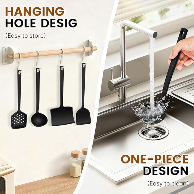 4 Pcs Silicone Cooking Utensils Set, Heat Resistant Silicone Spatulas Include Solid & Pancake Turner, Solid & Slotted Soup Ladle, Kitchen Utensils set for Non-Stick Pans, for Frying Draining Flipping