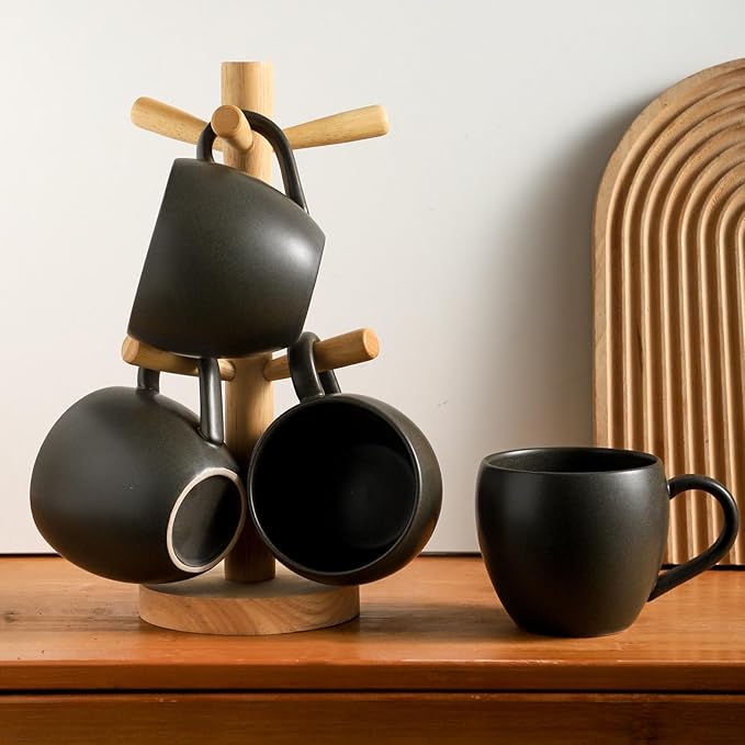 Coffee Mugs Set of 4, Ceramic 16 oz Coffee Cups for Tea, Milk, Cereal, Cappuccino, Porcelain Latte Cups with Large Handle, Stoneware Coffee Mugs for Christmas Housewarming Gifts, Black