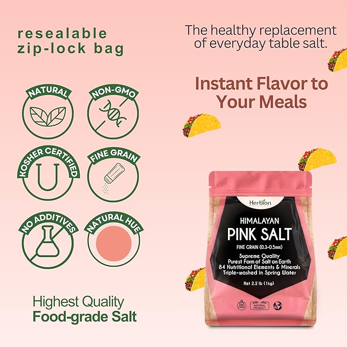 HERBION Naturals Himalayan Pink Salt Pouch Fine Grain, 100% Pure with 84 Minerals for Seasoning, Resealable, Organic, All-Natural Salt, Triple-Washed in Spring Water, Vegan, Kosher Certified