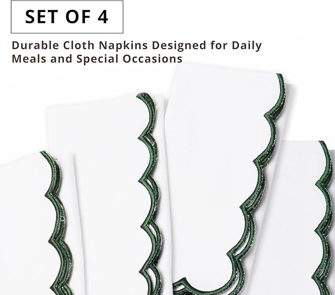 PurpleEssences Scalloped Embroidery Cloth Napkins Christmas Holiday Winter Table Decor 100% Cotton Set of 4-18 x 18 inch - White - Edges - Forest Green