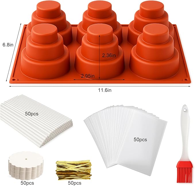 Silicone Cake Pop Molds with 100 Sticks & Parcel Bags, 6 Cavity Reusable Cakesicle Molds for Baking, Lollipops, Ice Cream, DIY Desserts, Cake Pop Maker Kit Easy Release & Dishwasher Safe