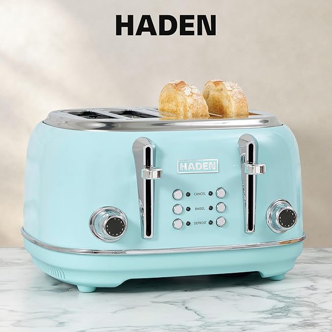 Haden Heritage 4 Slice Wide Slot Stainless Steel Toaster with Adjustable Browning Control & Non-Slip Feet, Turquoise & Chrome
