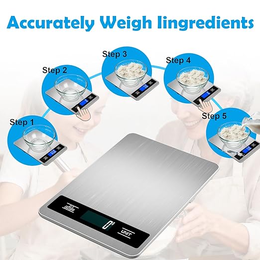 Food Scale Grams and Ounces - Digital Kitchen Scale 33lb/15kg, 1g/0.1oz Accuracy, Stainless Steel, Lightweight, with Batteries, for Cooking, Baking, Meal Prep