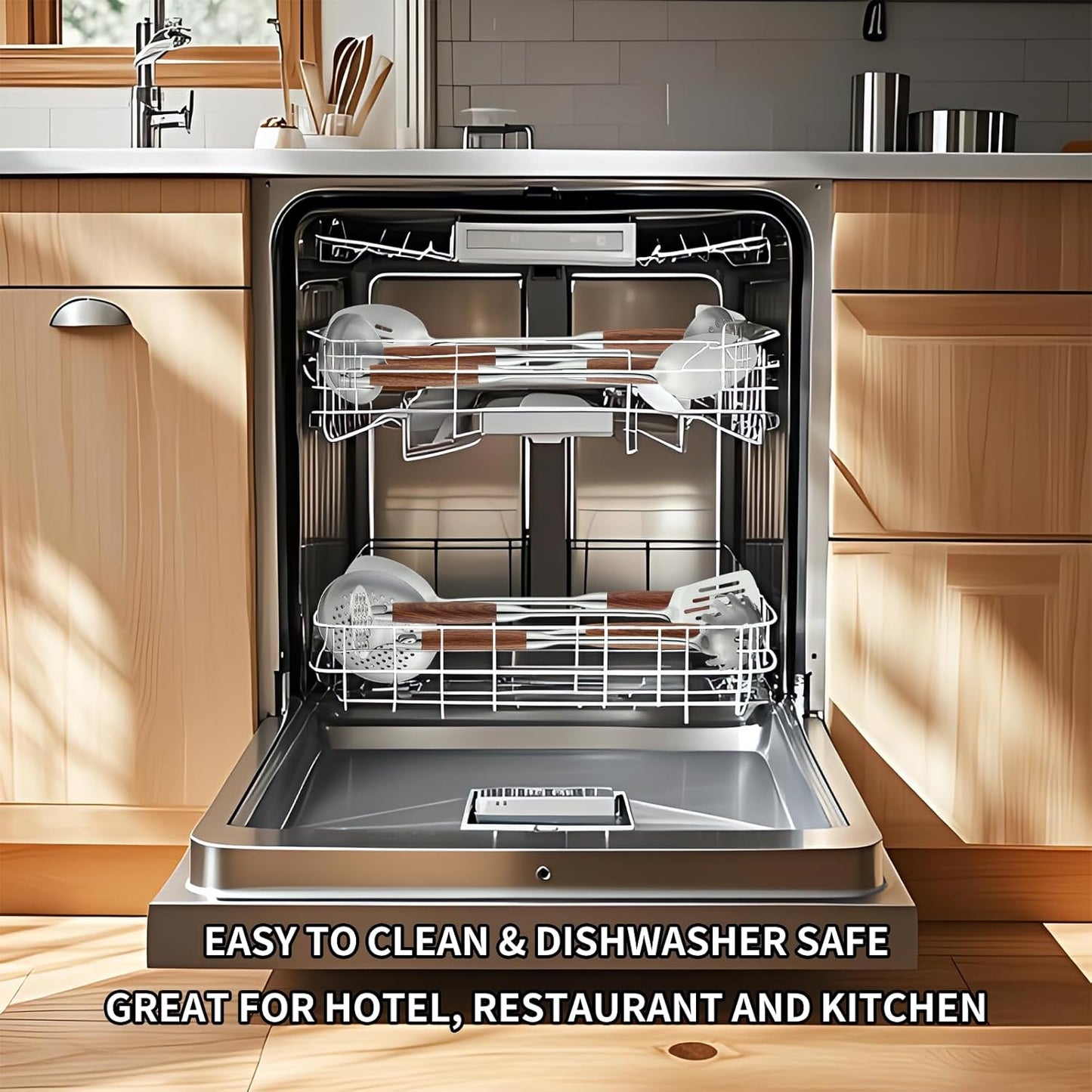 Stainless Steel Kitchen Utensils Set with Wood Handle, 18/10 Metal Cooking Utensils Set, 6-Piece - Spatula, Spoon, Ladle, Skimmer, Slotted Spoon, Pasta Server (Dishwasher Safe)