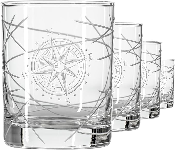 Rolf Glass Compass Star Longitude Double Old Fashioned Glass | 13oz Etched Whiskey Tumblers | Lead-Free Crystal Glasses | Made in the US | Nautical Etched Barware | Gift for Whiskey Lovers | Set of 4