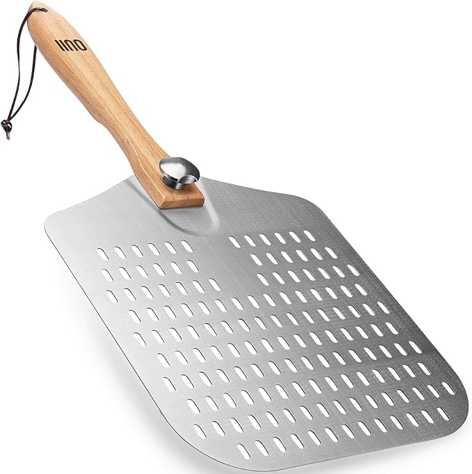 Perforated Pizza Peel 12 x 14 Inch. - Aluminum Metal Spatula Paddle for Grill with Foldable Handle. Pizza Oven Accessories and Tools. Turning Peel, Bread, Pastry, Dough, Cake.