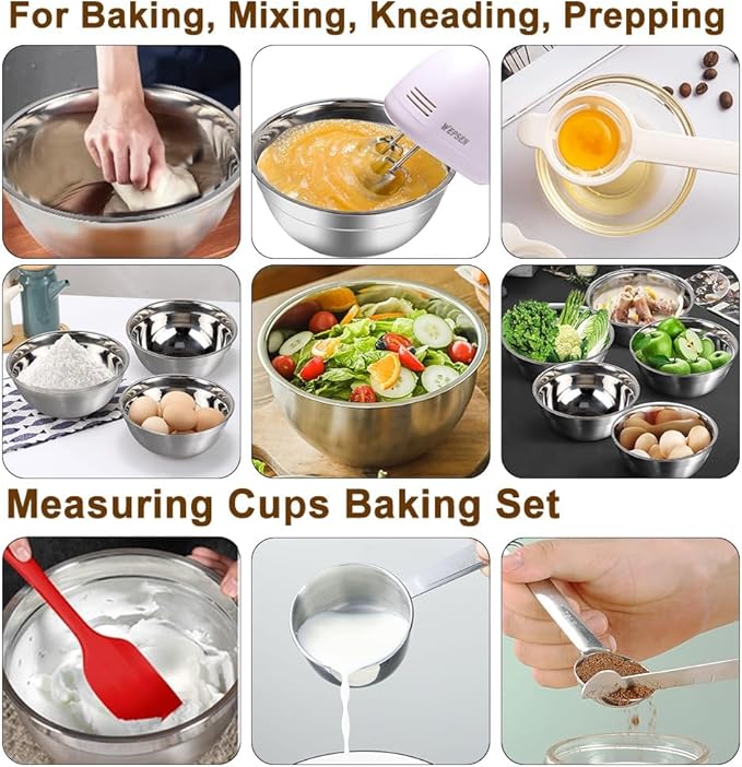 5-Speed Electric Hand Mixer, 4 Large Mixing Bowls Set, Handheld Mixers with Whisks Beater, Stainless Steel Metal Nesting Bowl Measuring Cups Spoons Kitchen Cake Blender for Baking Supplies