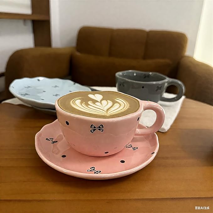 Koythin Ceramic Coffee Mug with Saucers, Handmade Flowers Mugs, Cute Cup for Girl Women, Aesthetic Tea Milk Cup with Handle, 8.5 oz/250 ml for Latte, Cocoa, Office, Home (Pink Small Bow)
