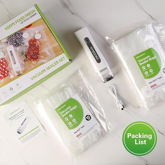 Handheld Vacuum Sealer with 30 Reusable Bags | 6X Longer Freshness, One-Touch Seal & Rechargeable | BPA-Free, Leak-Proof Bags for Meat, Meal Prep, Travel | Compact Food Saver