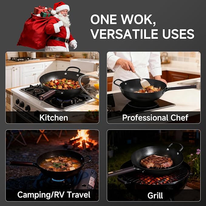 13.5" Carbon Steel Wok Pan - Pre-Seasoned Flat Bottom Woks & Stir-fry Pans Chinese Cookware with Lid & Spatula - For Pan-fry,Stir Fry, Steam, BBQ & Camping - Compatible with Induction, Gas