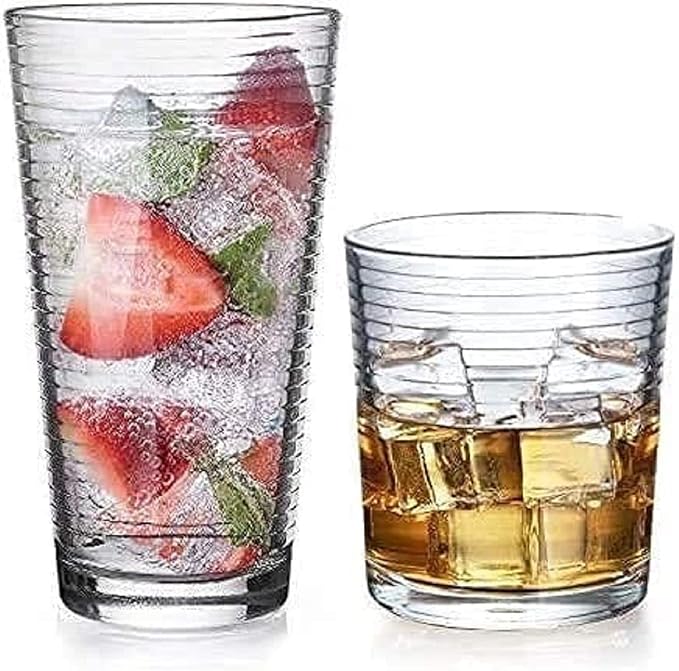 Glaver's Drinking Glasses Set of 12. Everyday Drinking Glasses. Mixed Drinkware Sets 6-17 oz Tall Kitchen Glass Cups, and 6-13 Oz Rocks Glasses. Ribbed Glassware Sets for Cocktail Beer Juice Water.